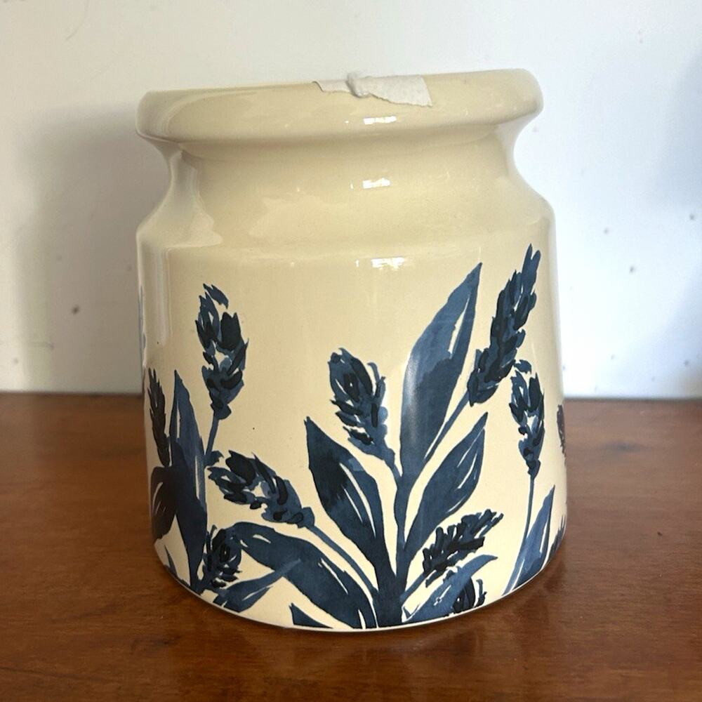 Ceramic Pottery Vase Beige & Blue Floral Flower Pattern 4.5x5.5”